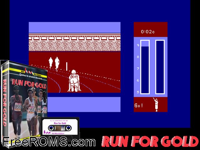 Run for Gold (UK) (1986) [a1] Amstrad CPC game showing 3D box cover and gameplay screenshot